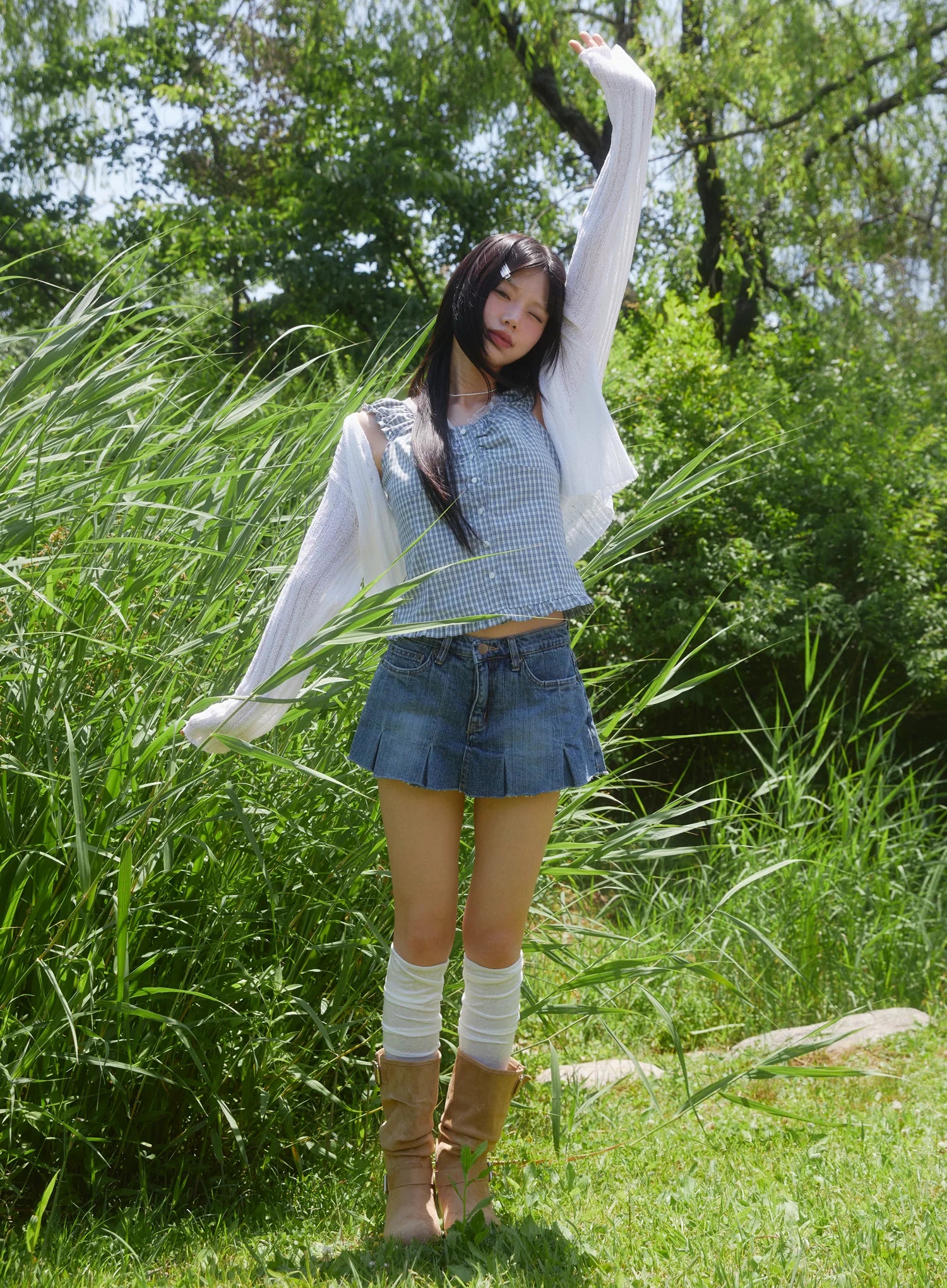 Pleated Distressed Denim Mini Skort CL501