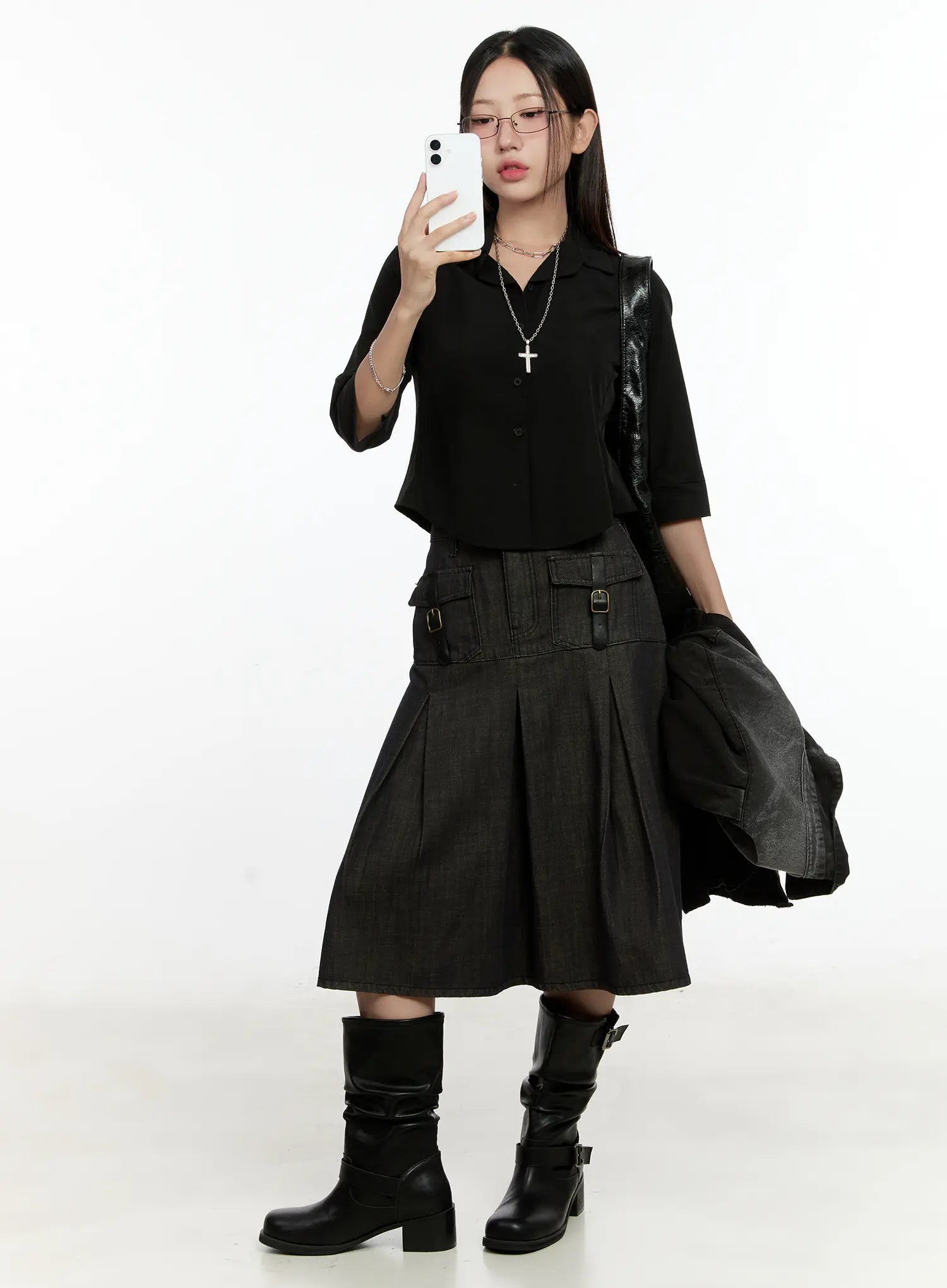 Buckle Pleated Denim Midi Skirt CL531