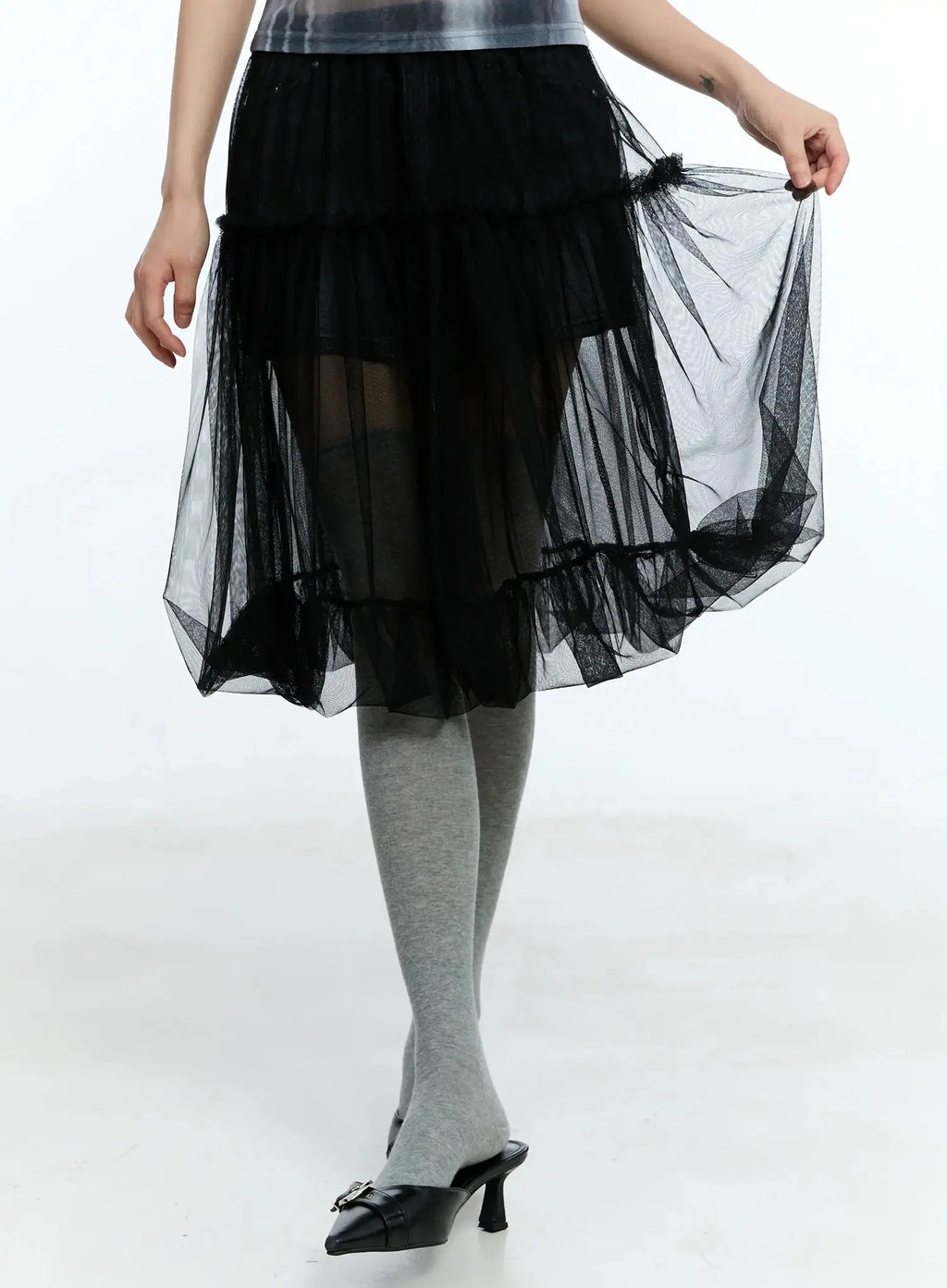 Tulle Asymmetric Midi Skirt IU525