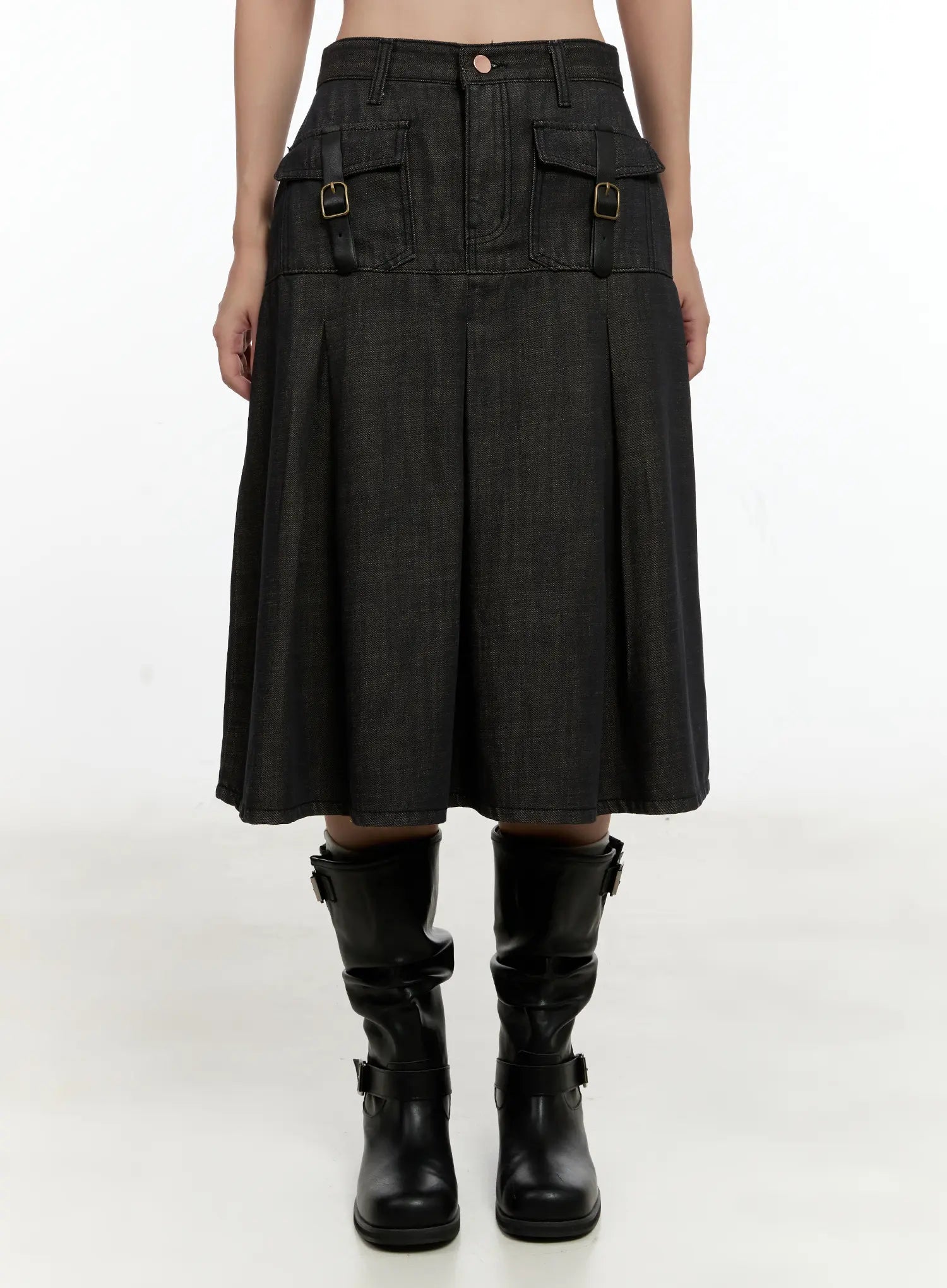 Buckle Pleated Denim Midi Skirt CL531