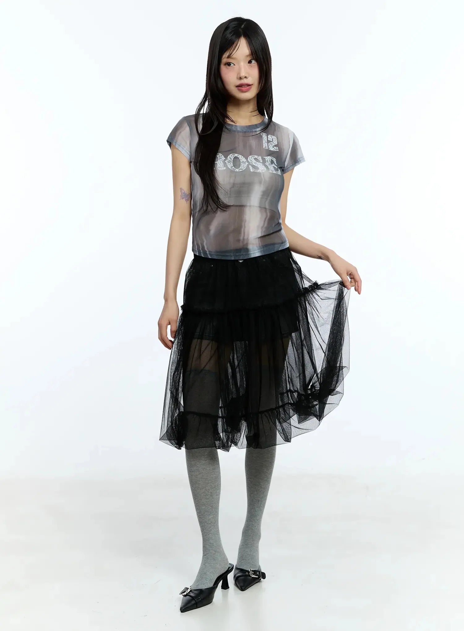 Tulle Asymmetric Midi Skirt IU525