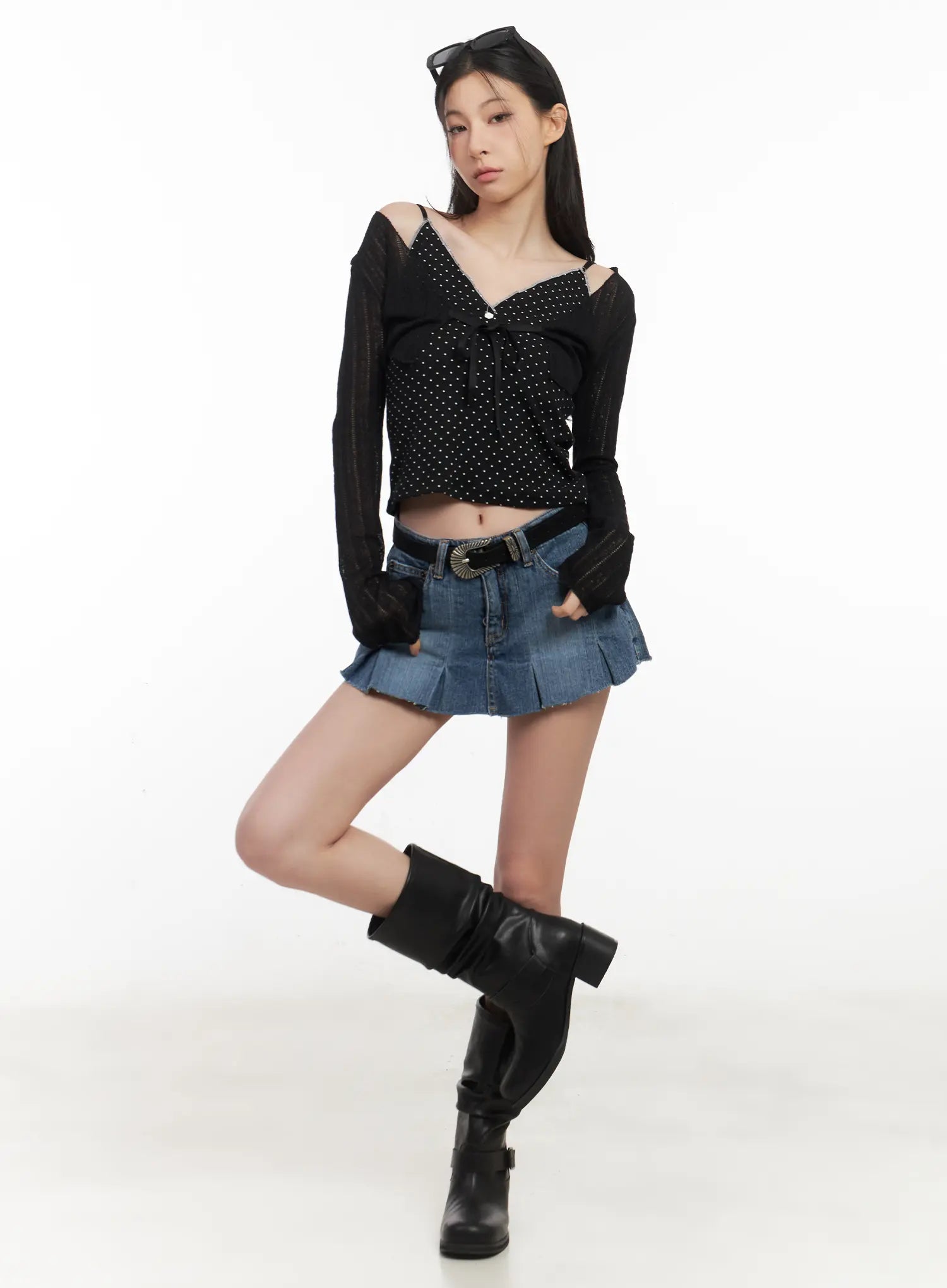 Pleated Distressed Denim Mini Skort CL501