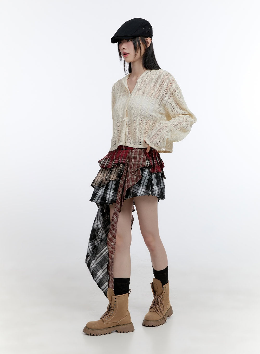 Asymmetrical Ruffle Checkered Mini Skirt CG412