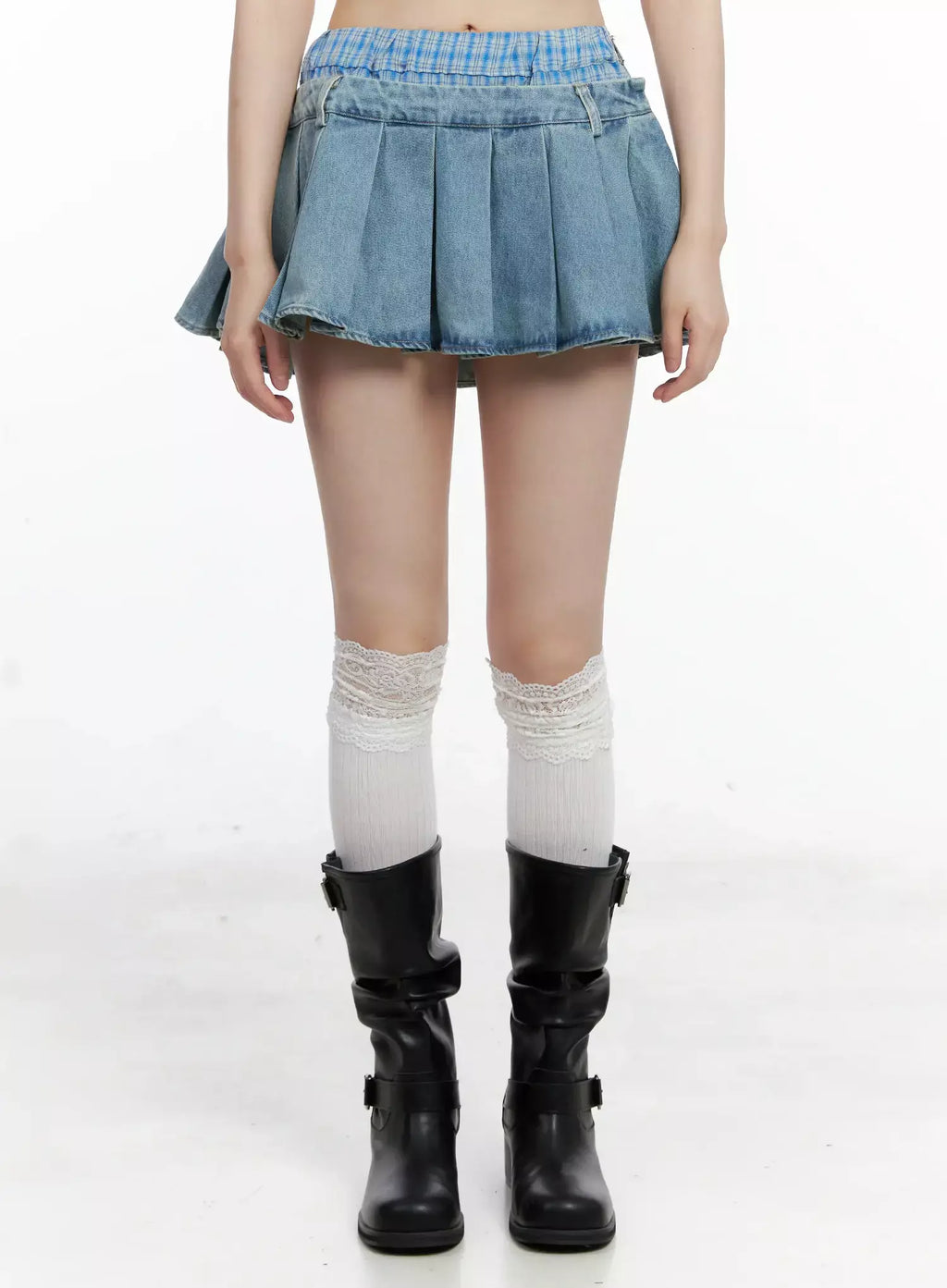 Plaid Boxer Layered Denim Skirt IL531