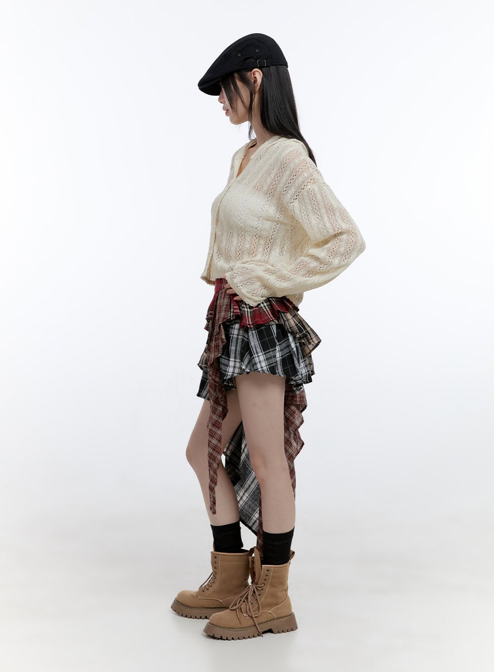 Asymmetrical Ruffle Checkered Mini Skirt CG412