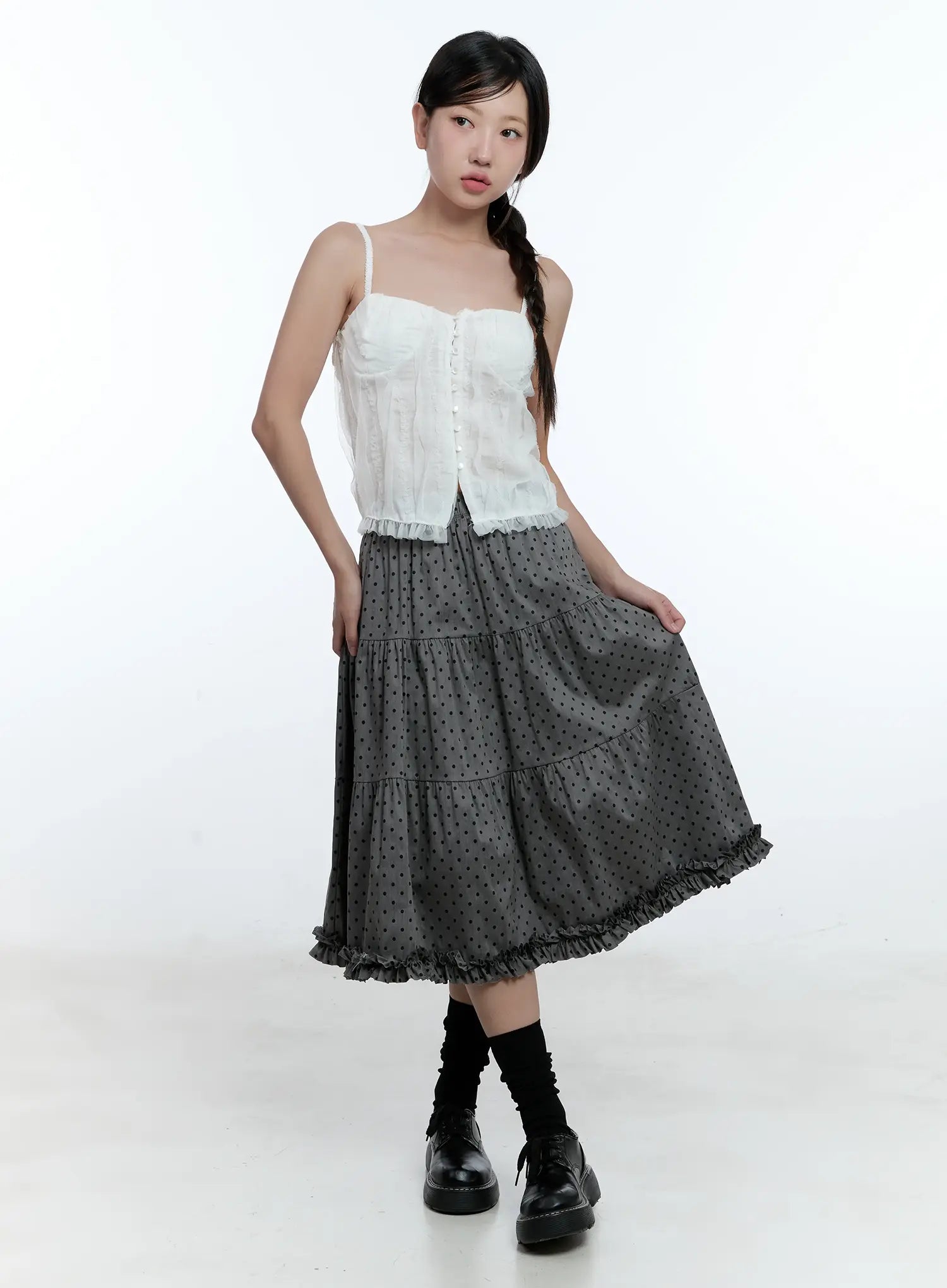 Frill Polka Dot Tiered Midi Skirt CU526