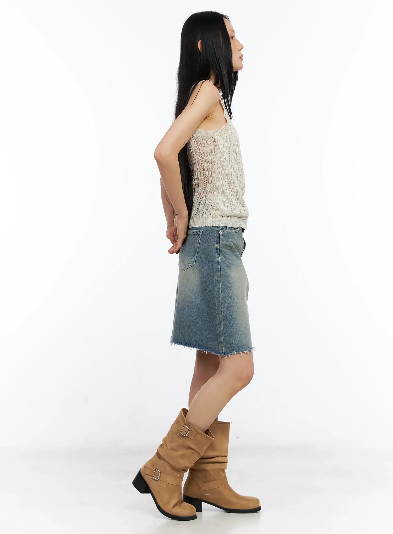 Frayed-Hem Denim Midi Skirt CL529