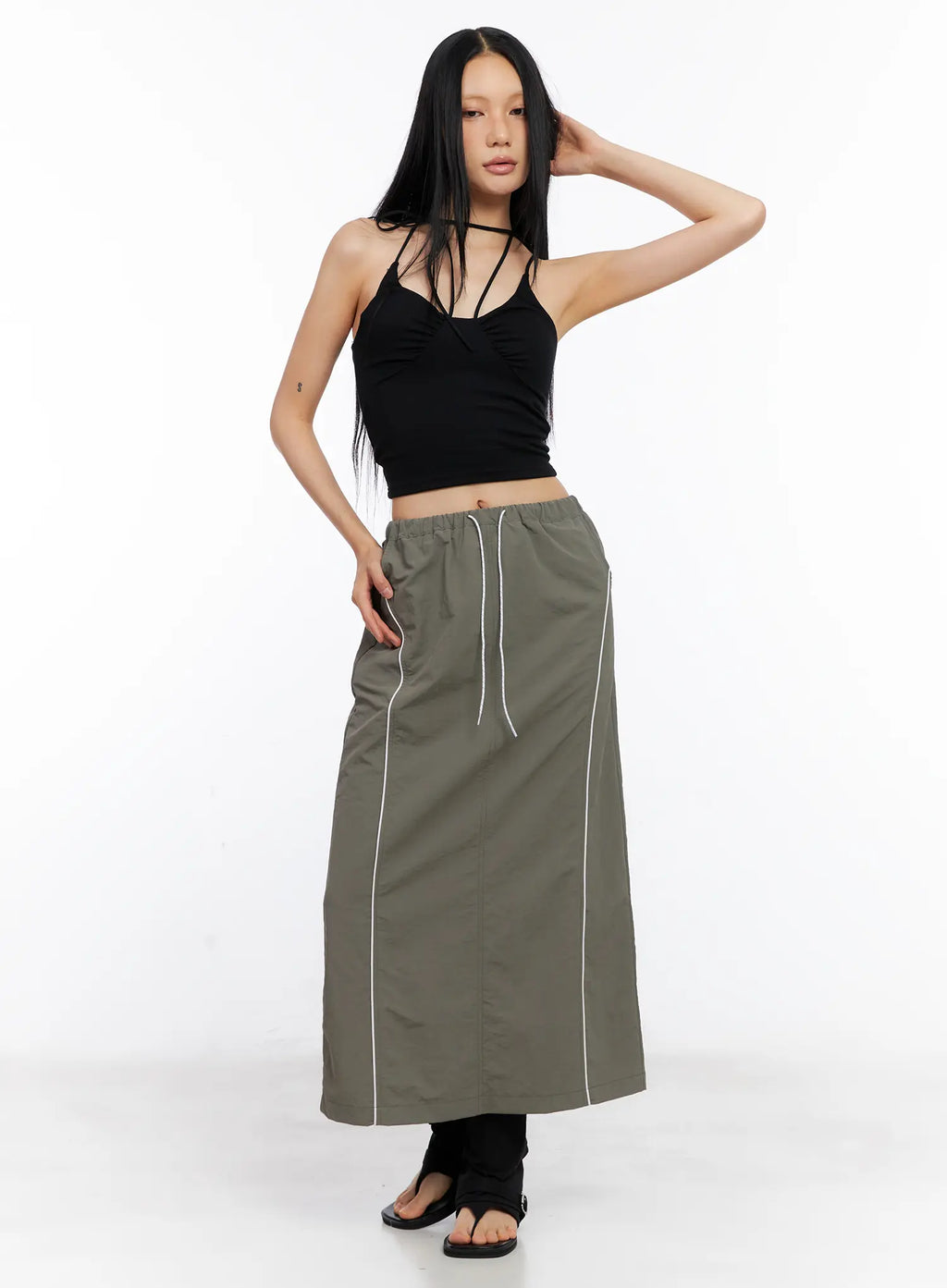 Nylon Drawstring Maxi Skirt CL530