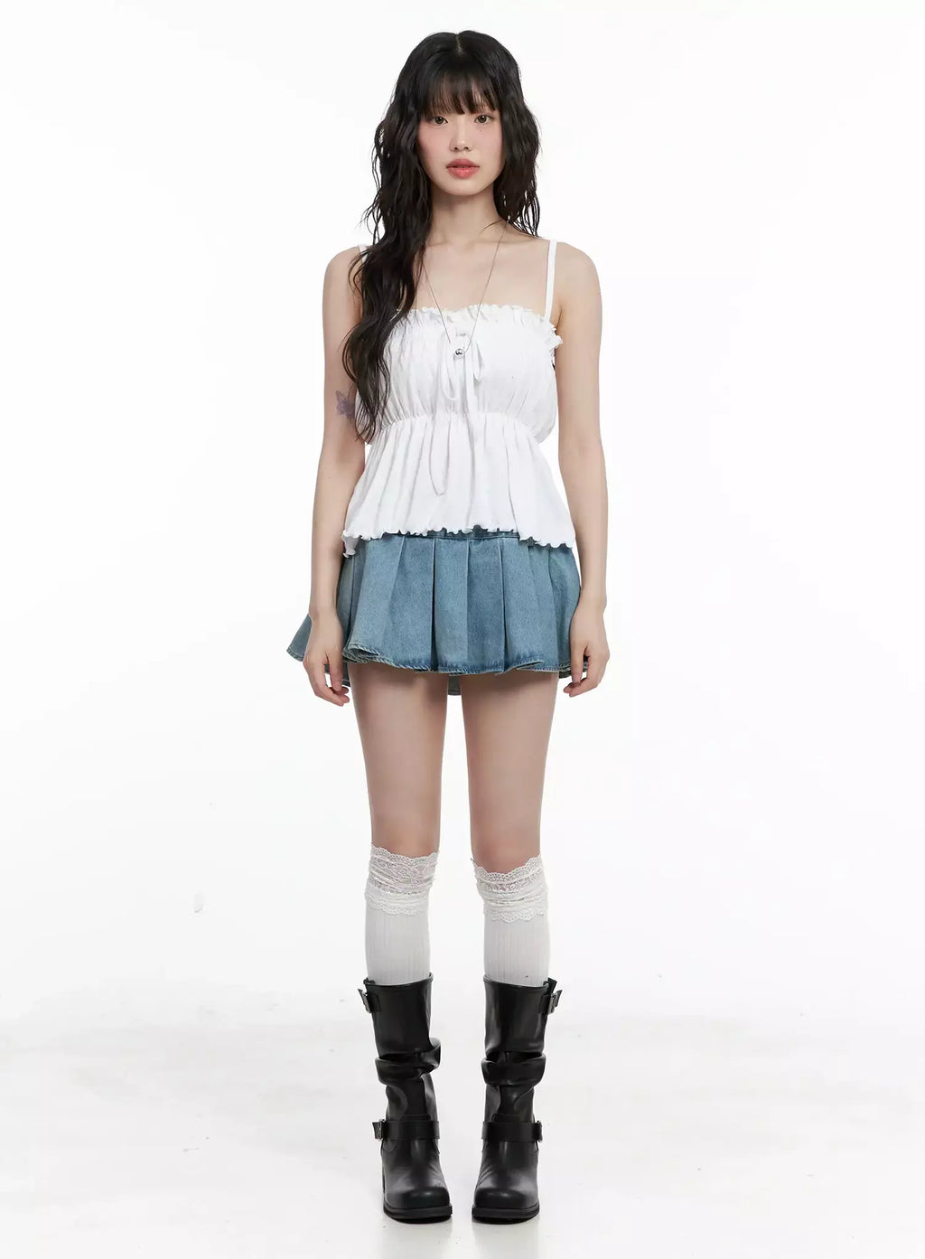 Plaid Boxer Layered Denim Skirt IL531