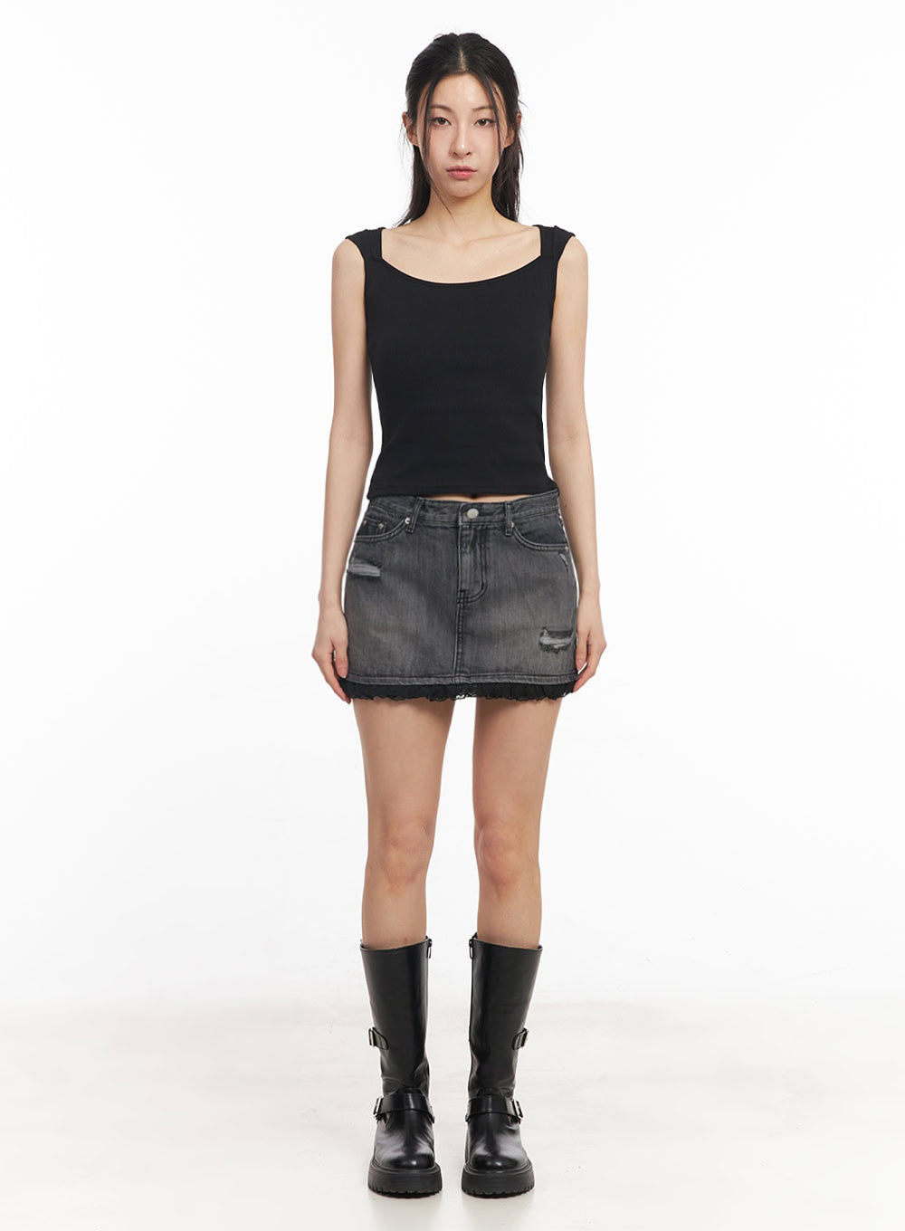 Distressed Denim Lace Mini Skirt IY529