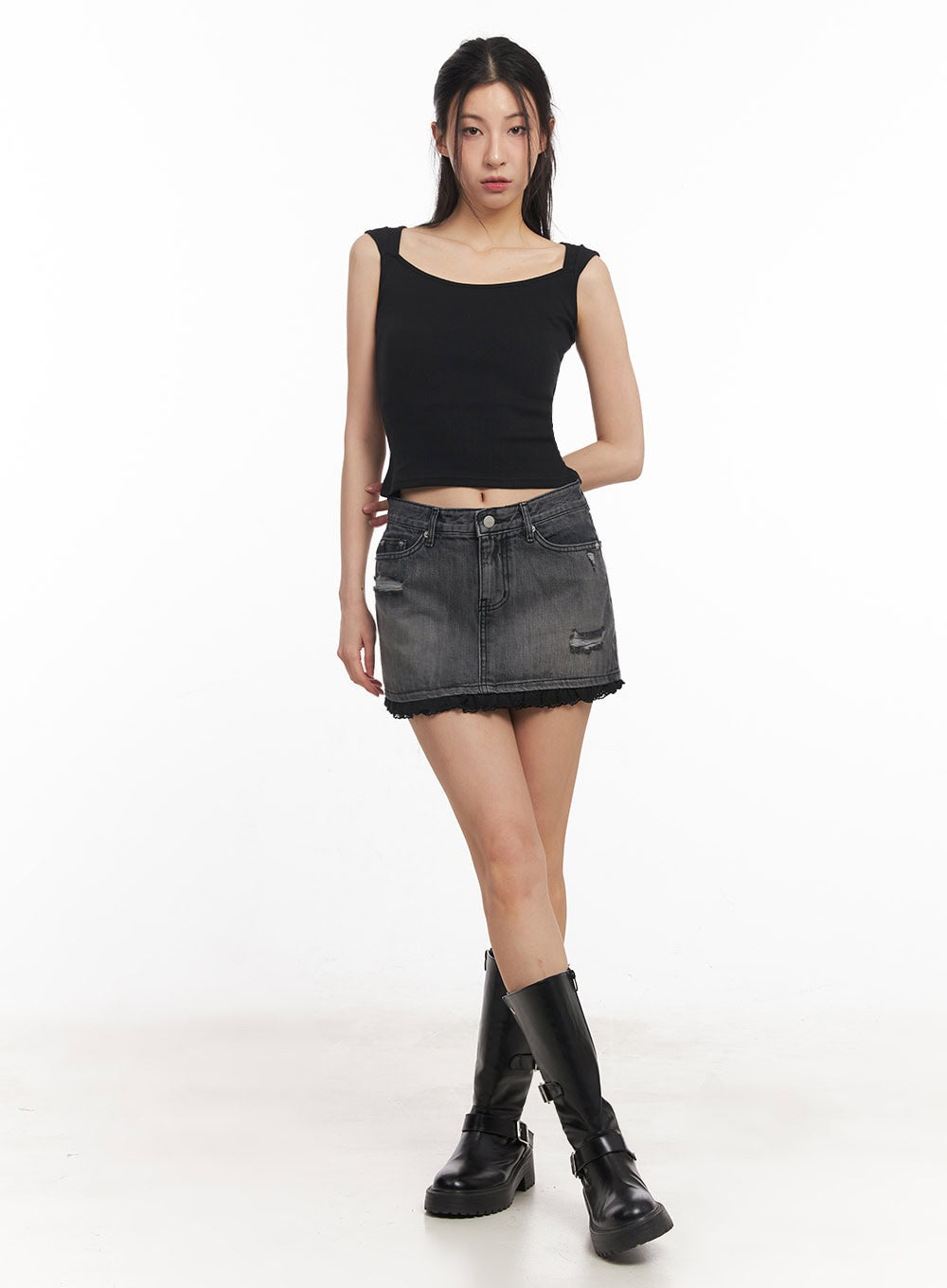 Distressed Denim Lace Mini Skirt IY529