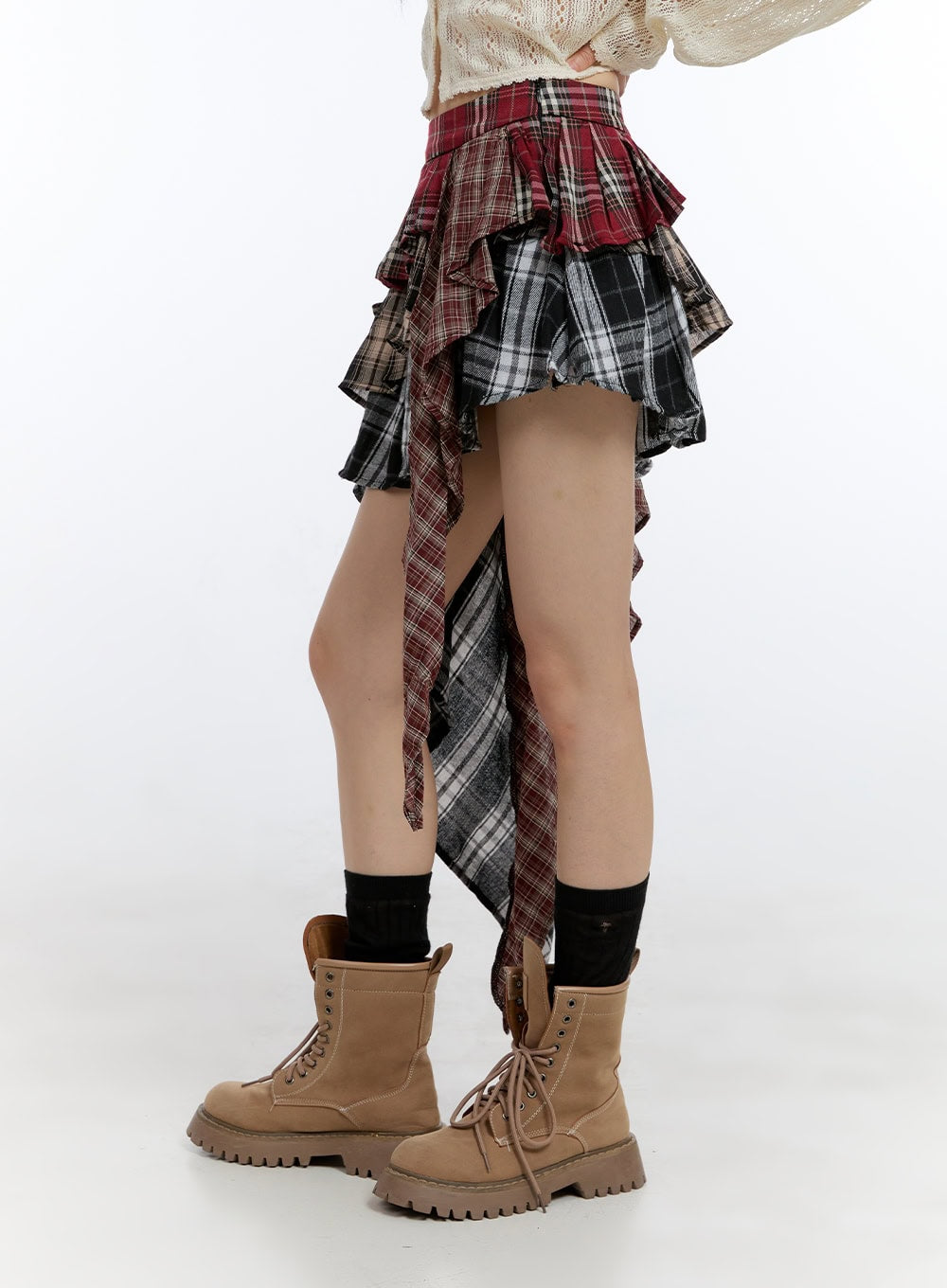 Asymmetrical Ruffle Checkered Mini Skirt CG412