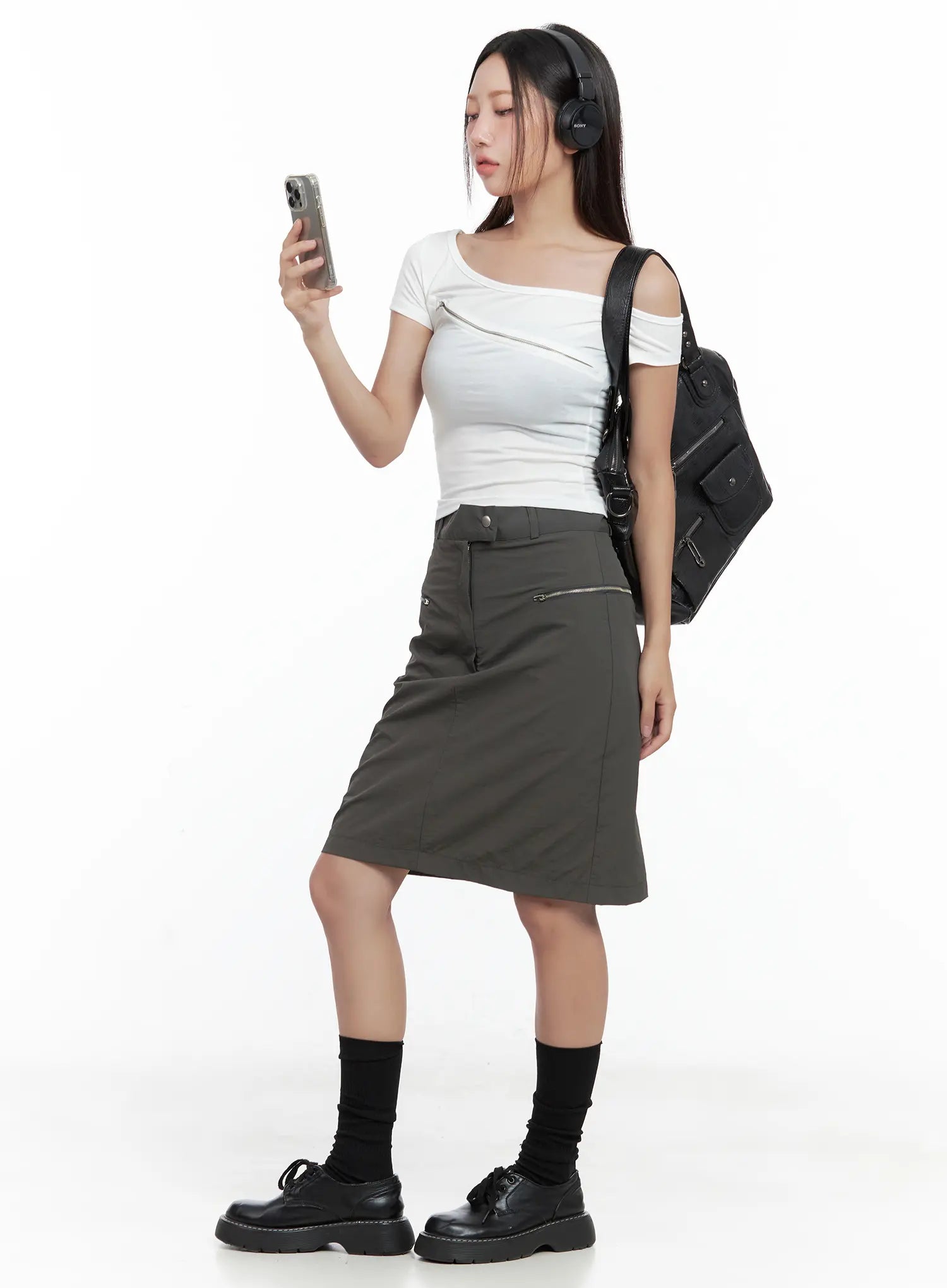 Nylon Zip Midi Skirt CL509