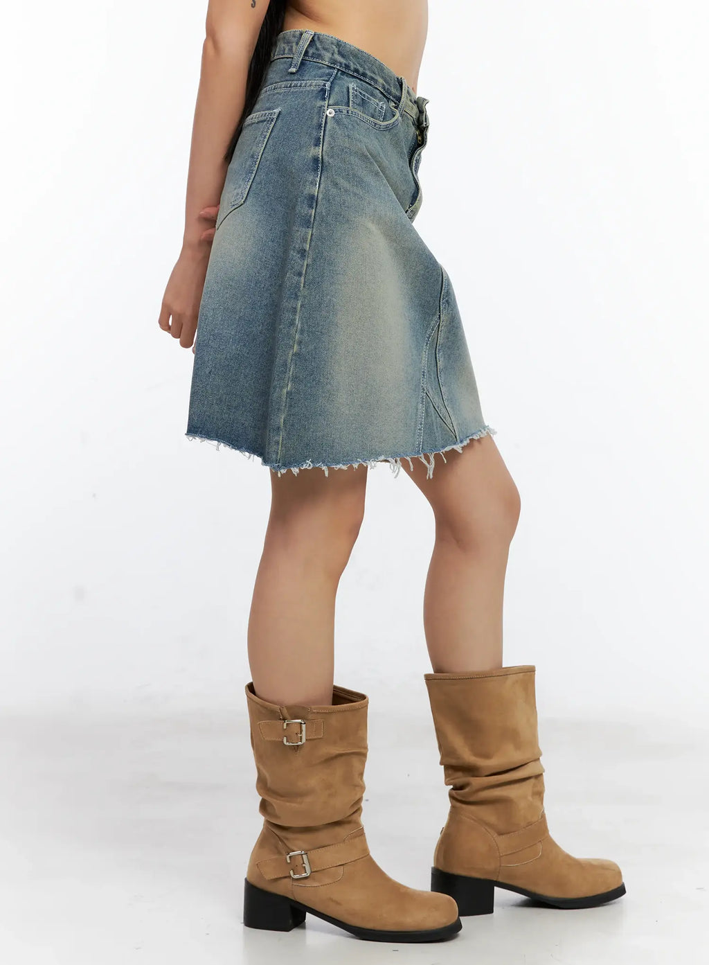 Frayed-Hem Denim Midi Skirt CL529