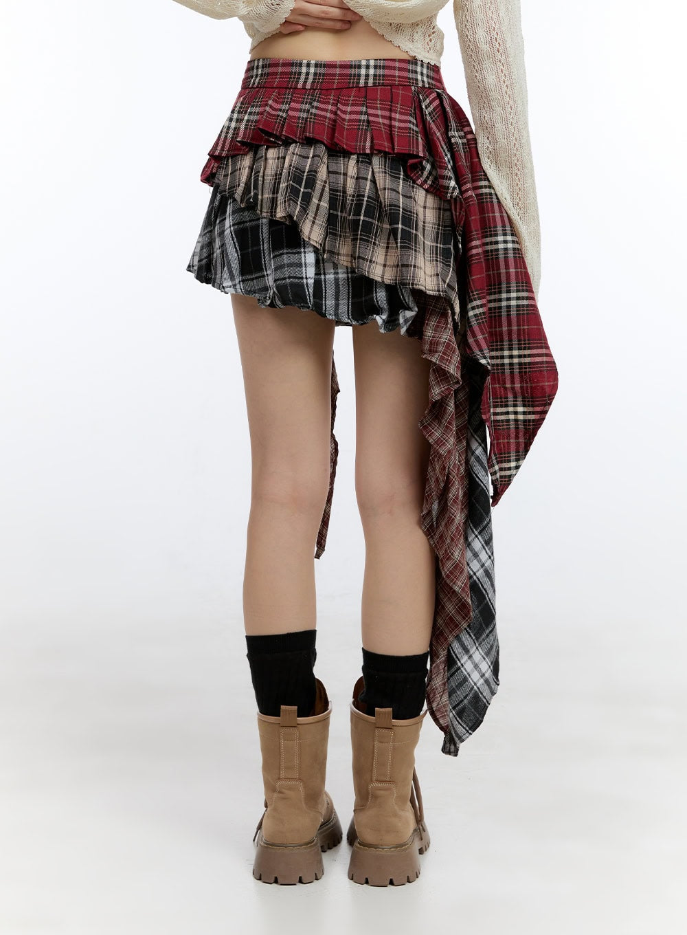 Asymmetrical Ruffle Checkered Mini Skirt CG412
