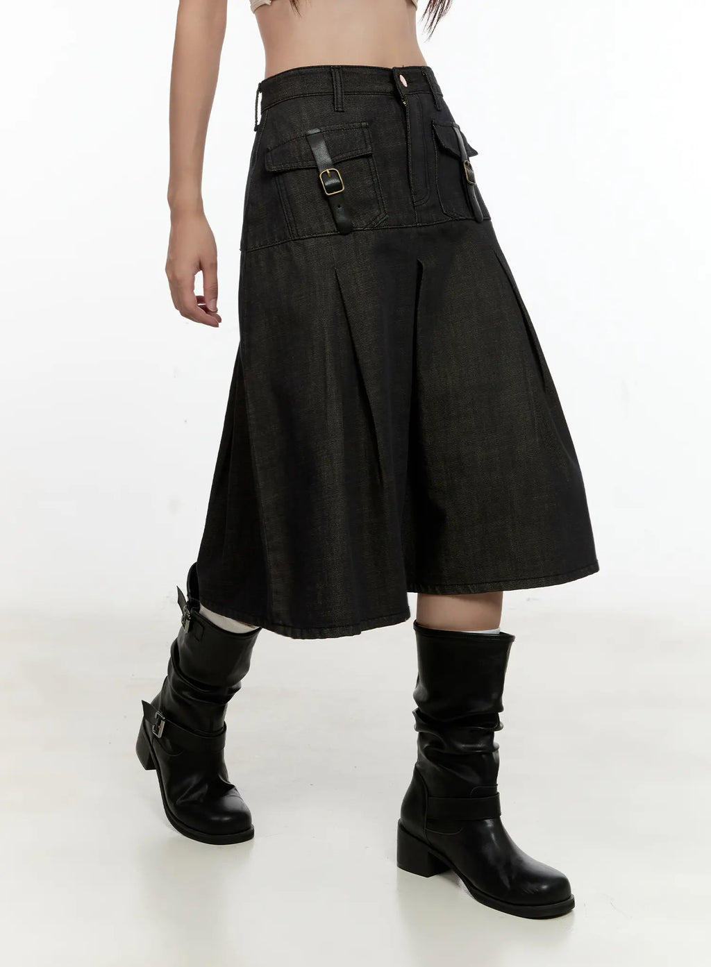 Buckle Pleated Denim Midi Skirt CL531