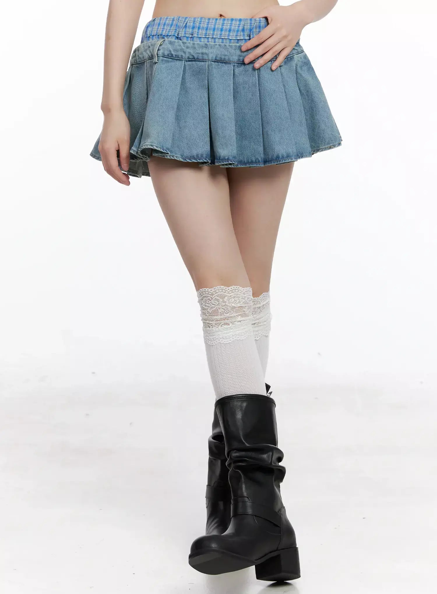 Plaid Boxer Layered Denim Skirt IL531