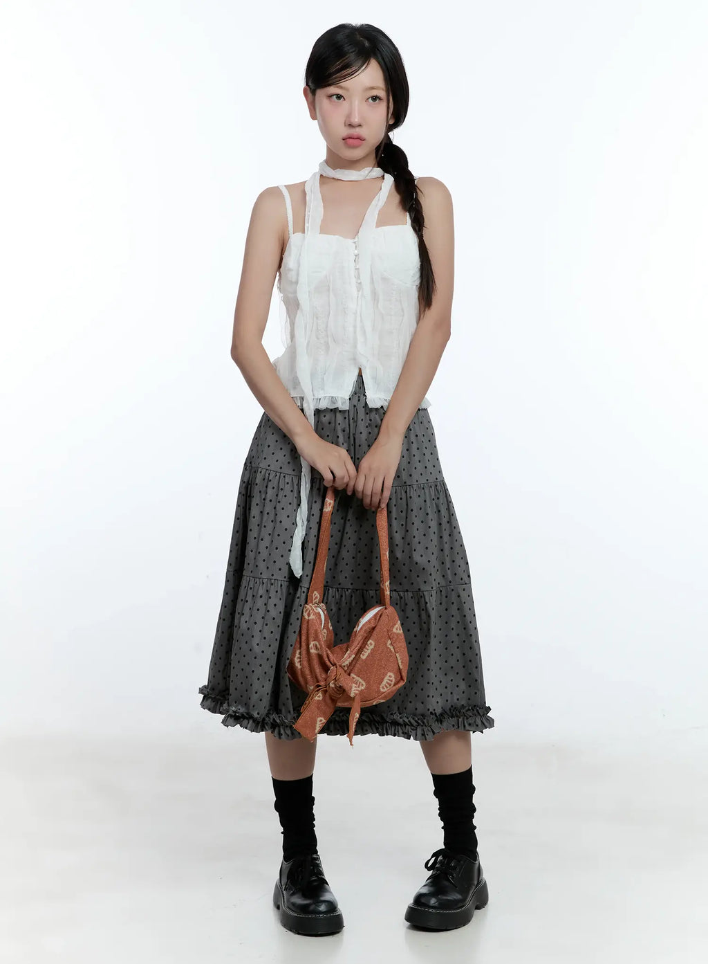 Frill Polka Dot Tiered Midi Skirt CU526