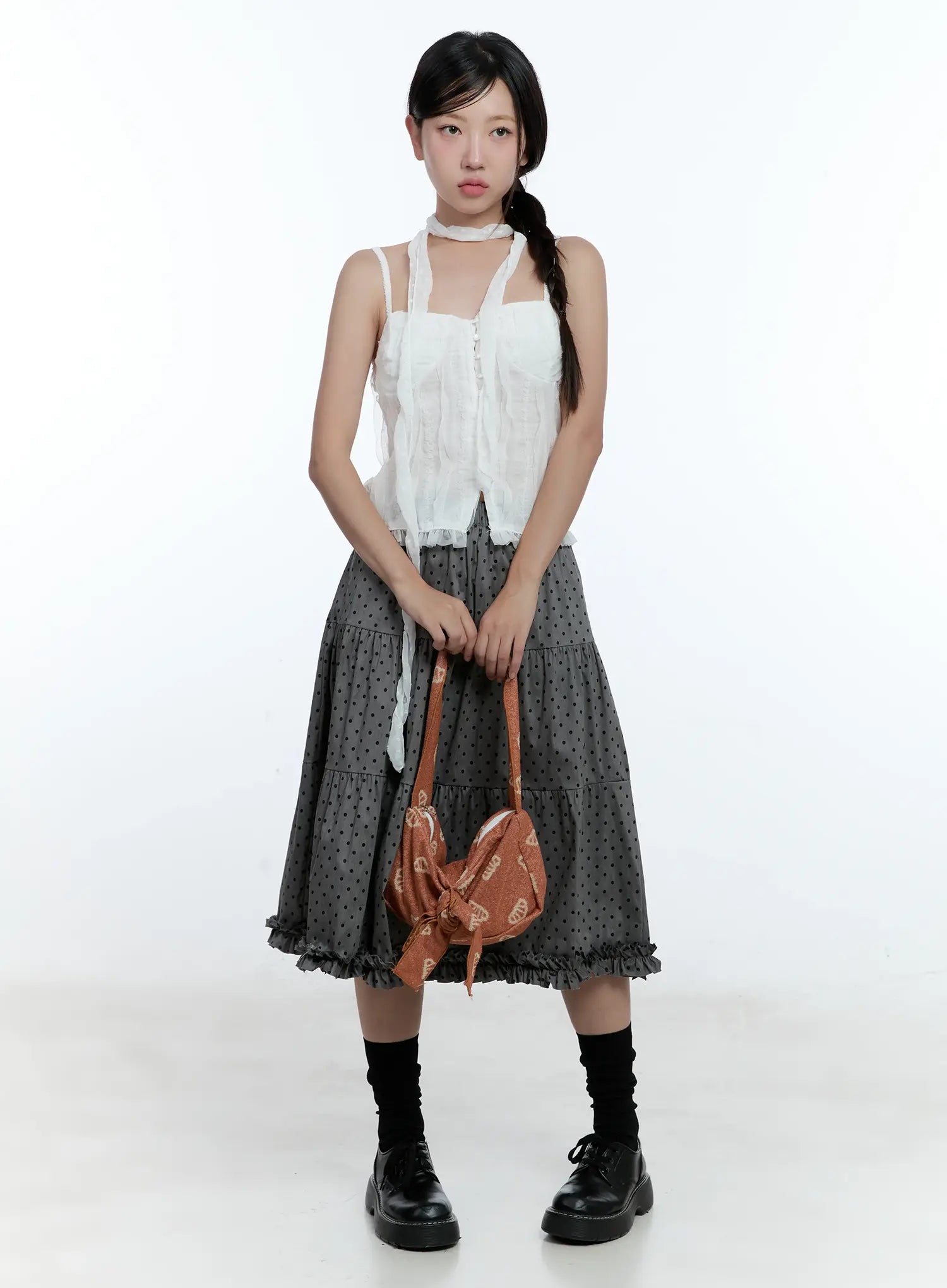 Frill Polka Dot Tiered Midi Skirt CU526