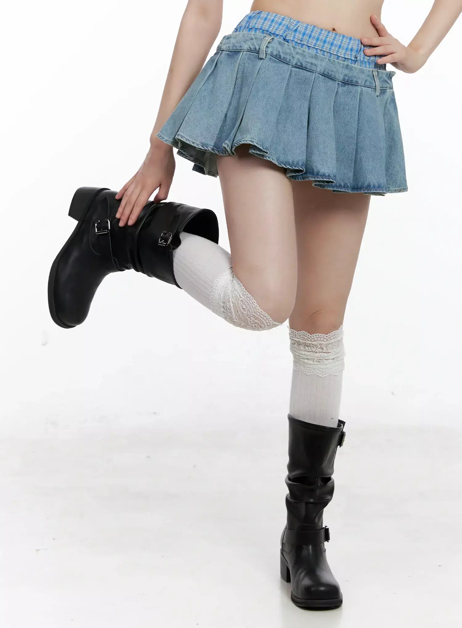 Plaid Boxer Layered Denim Skirt IL531