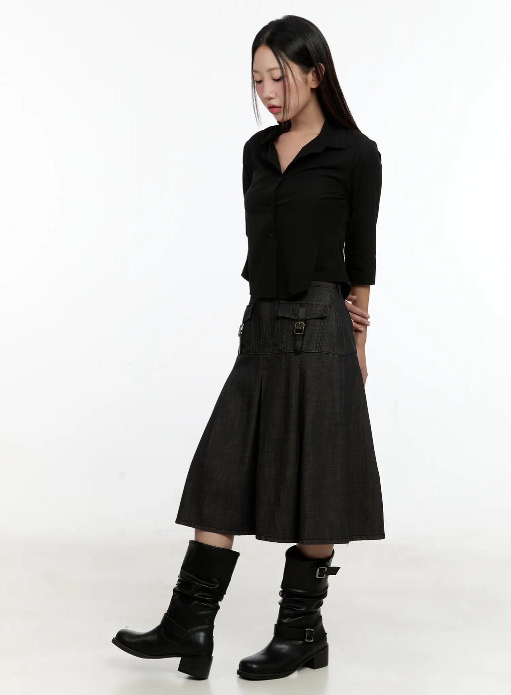 Buckle Pleated Denim Midi Skirt CL531