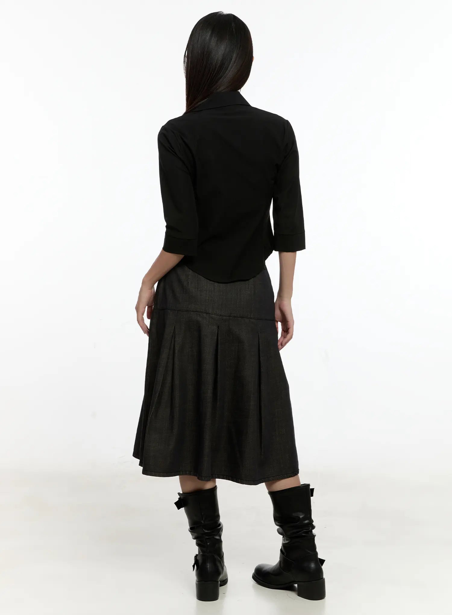 Buckle Pleated Denim Midi Skirt CL531