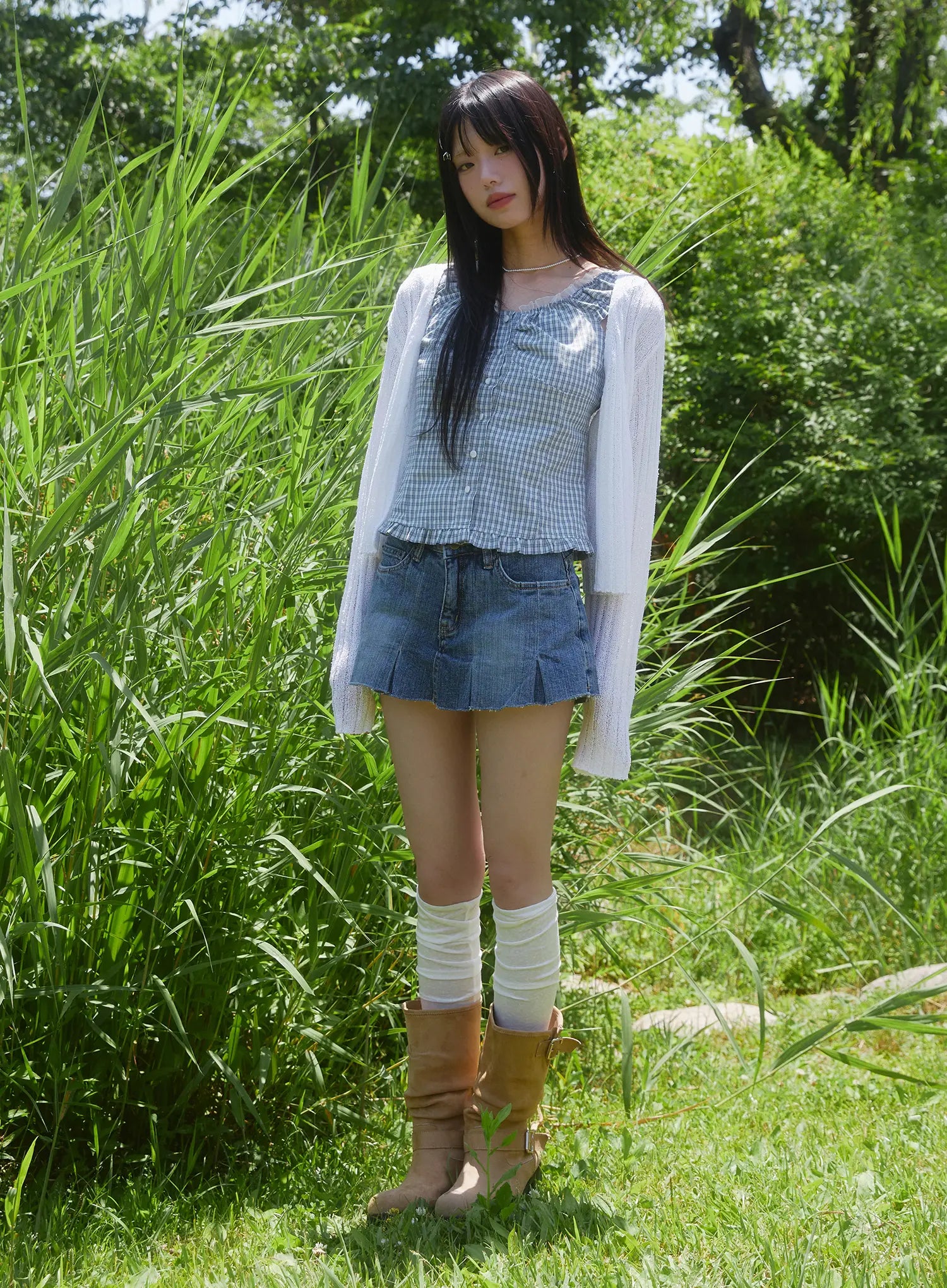 Pleated Distressed Denim Mini Skort CL501