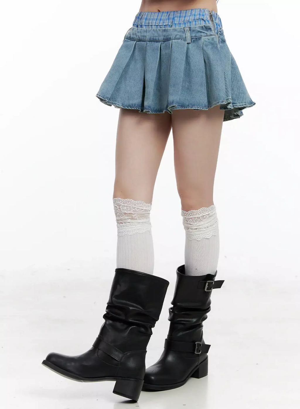 Plaid Boxer Layered Denim Skirt IL531