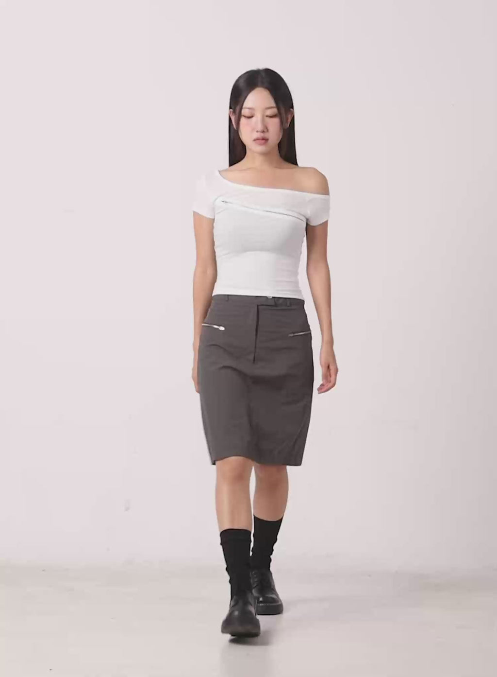 Nylon Zip Midi Skirt CL509