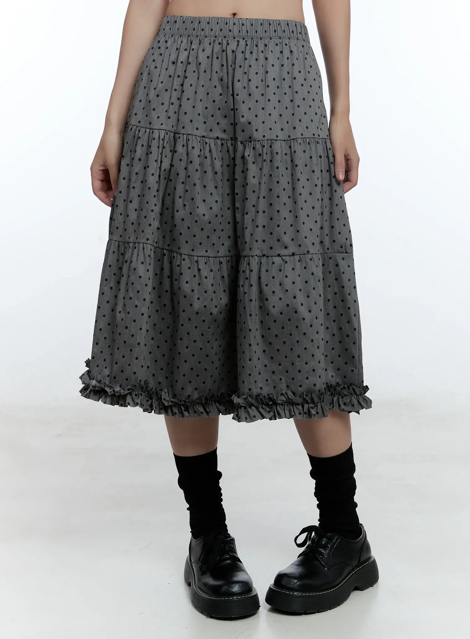 Frill Polka Dot Tiered Midi Skirt CU526