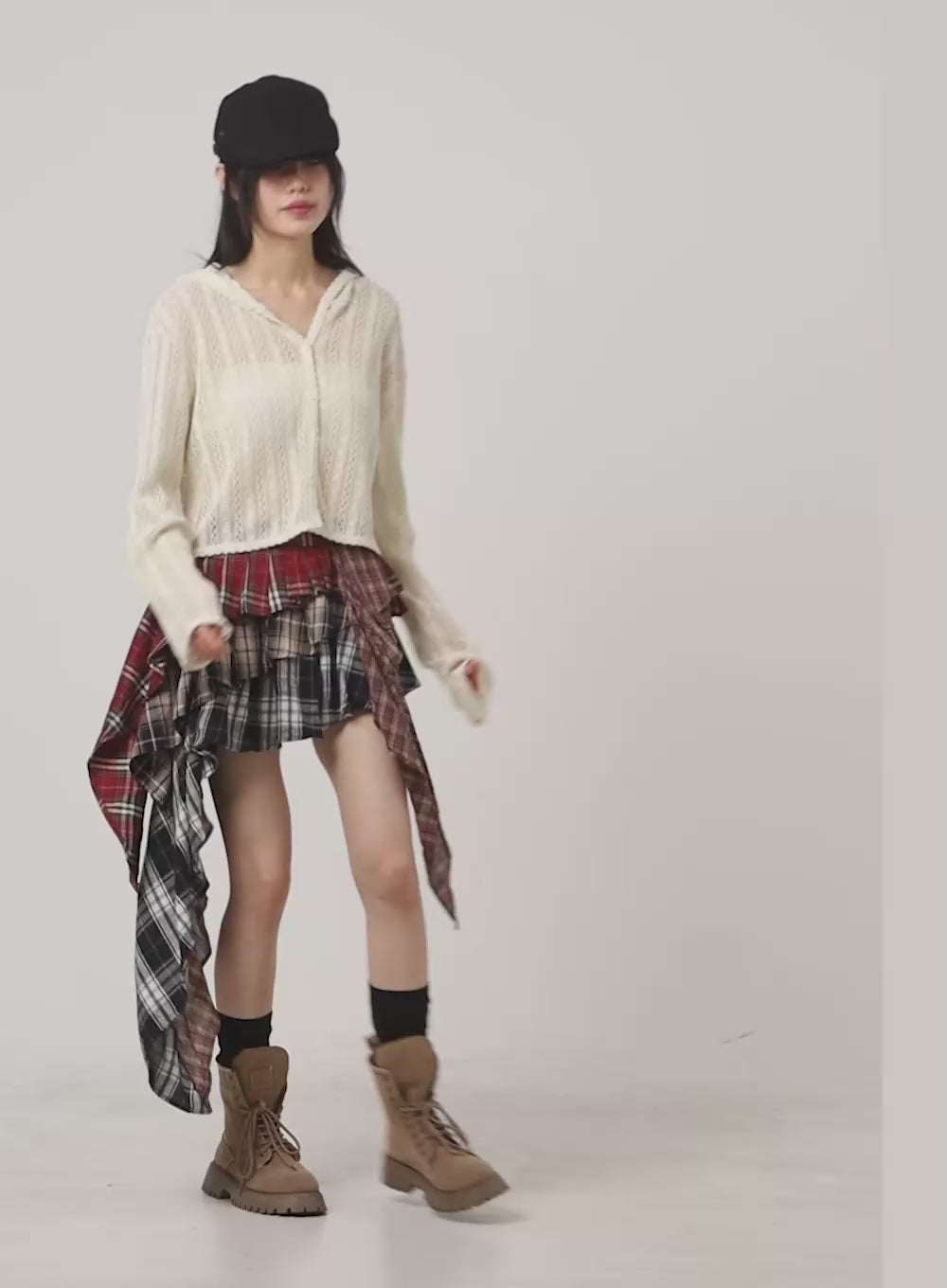 Asymmetrical Ruffle Checkered Mini Skirt CG412